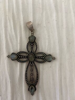 Silver Cross Pendant with Pale Blue-Green Stones